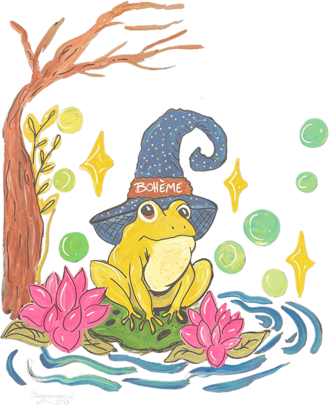The Bohème Frog Wizard: a yellow frog in a starry blue wizard hat on a lily pad, with pink lotus, bubbles and a bare tree